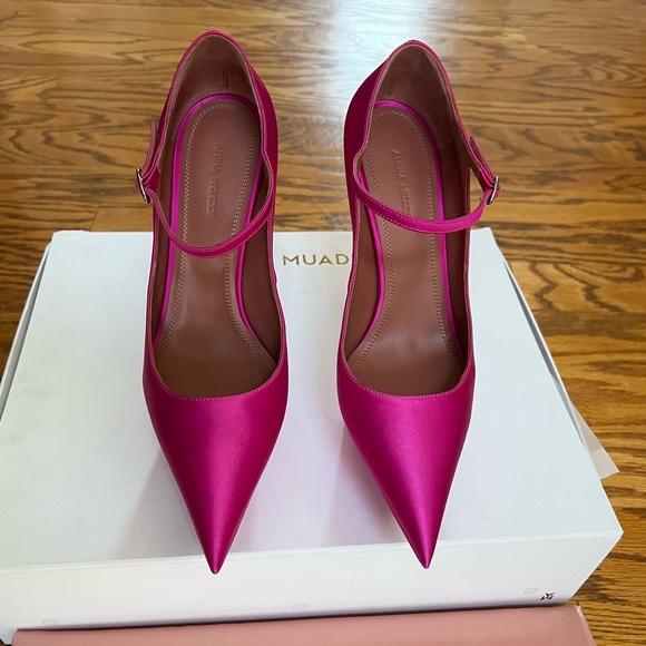 Amina Muaddi Pink Yigit Pointed Satin Platform Pumps in 40.5 - Picture 4 of 12
